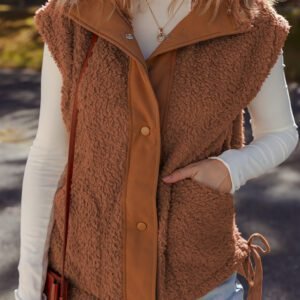 Cinnamon Faux Fur Snap Button Front Knot Side Plush Vest With Pockets