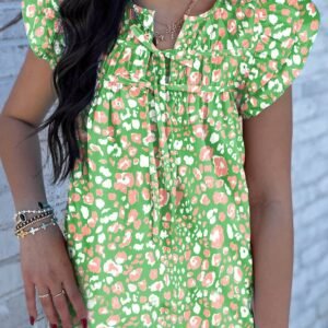 Green Abstract Leopard Tied Front Flutter Sleeve Blouse