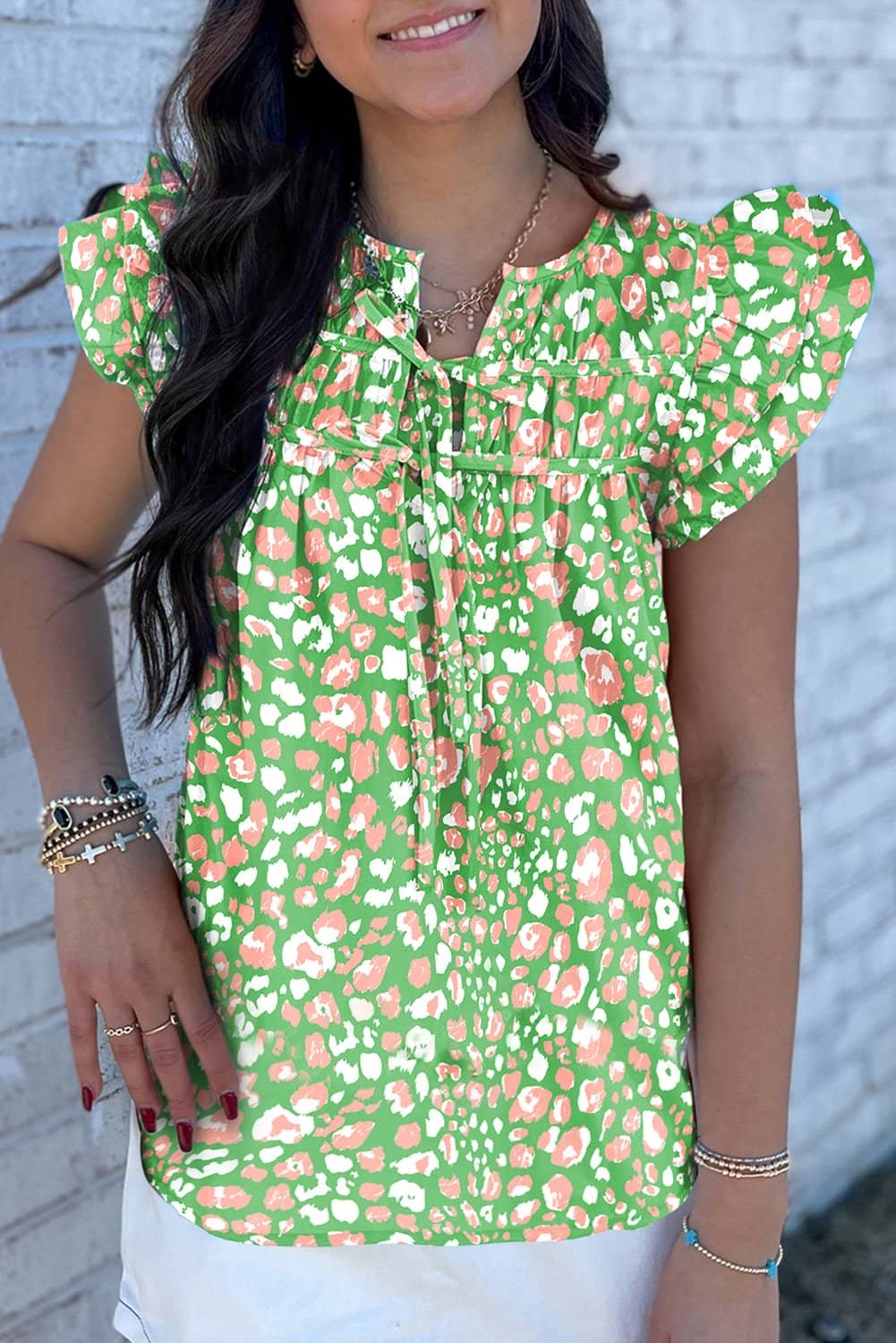 Green Abstract Leopard Tied Front Flutter Sleeve Blouse