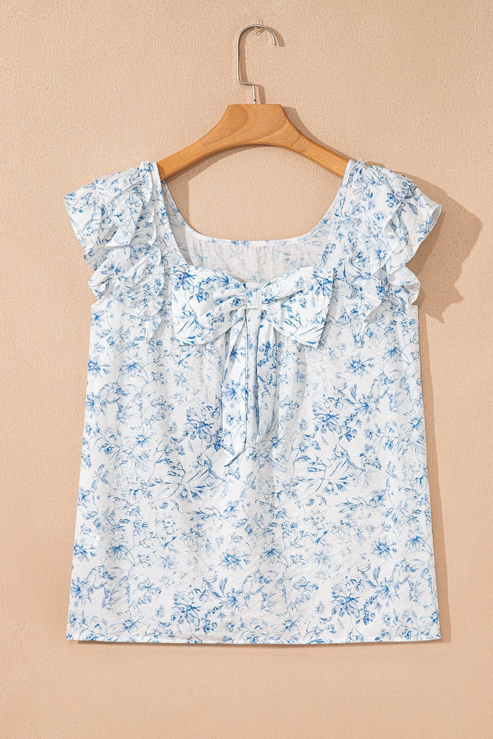 Sky Blue Floral Ruffled Short Sleeve Bow Back Square Neck Blouse
