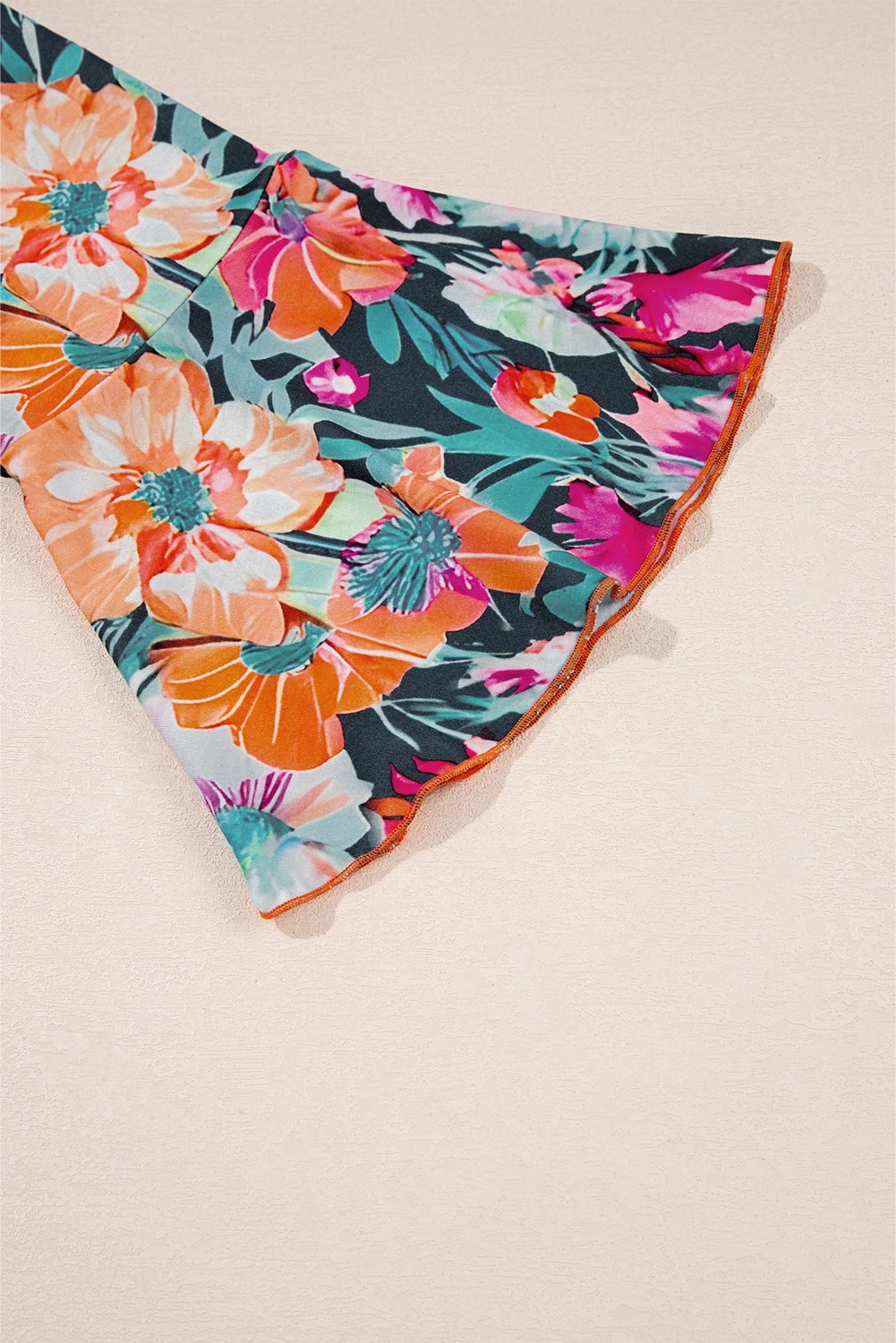 Black Floral 3/4 Flare Sleeve Tied V Neck Blouse