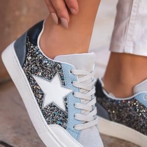 Silvery Star Glitter Patchwork Lace-Up Sneakers