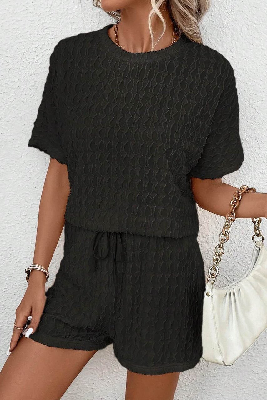Black Frill Textured Short Sleeve Top And Drawstring Shorts Set
