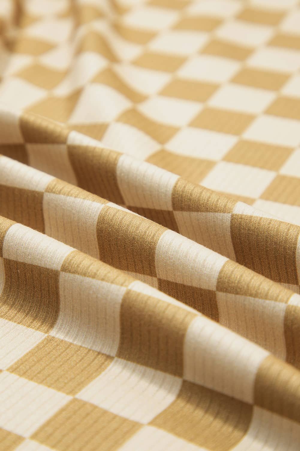 Khaki Check Pattern Turtleneck Ribbed Slim Long Sleeve Tee