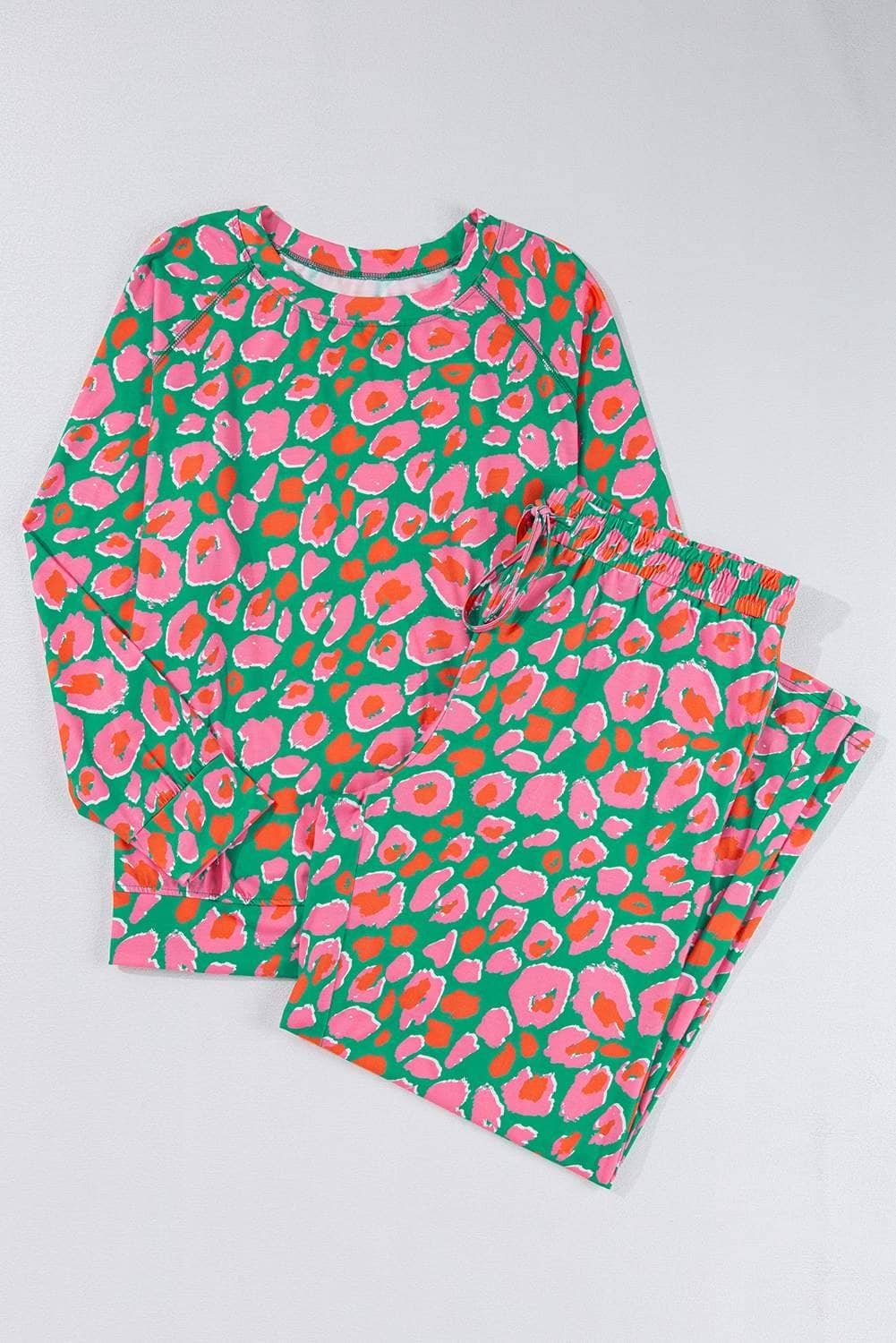 Green Plus Size Printed Long Sleeve And Pants Lounge Set