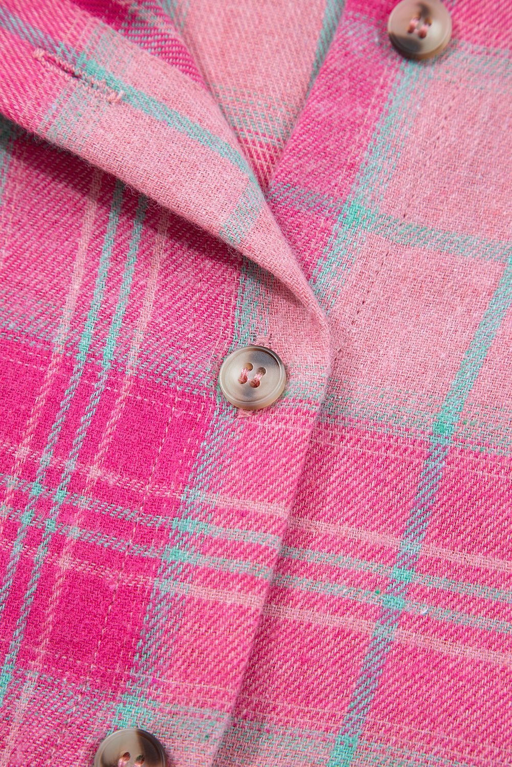 Sachet Pink Plaid Print Rounded Hem Long Sleeve Shirt With Pockets