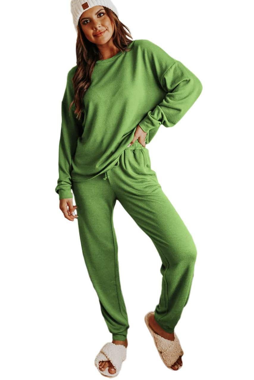 Spinach Green Long Sleeve Pullover And Jogger Pants Lounge Set