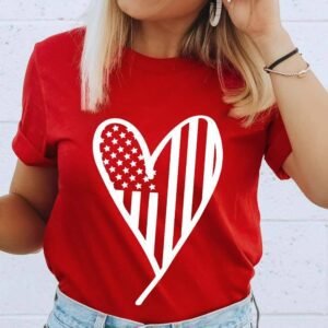 Red Usa Flag Heart Shape Crewneck Graphic T Shirt