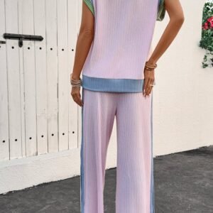 Pink Corded Colorblock Patchwork Short Sleeve Top And Loose Pants Set