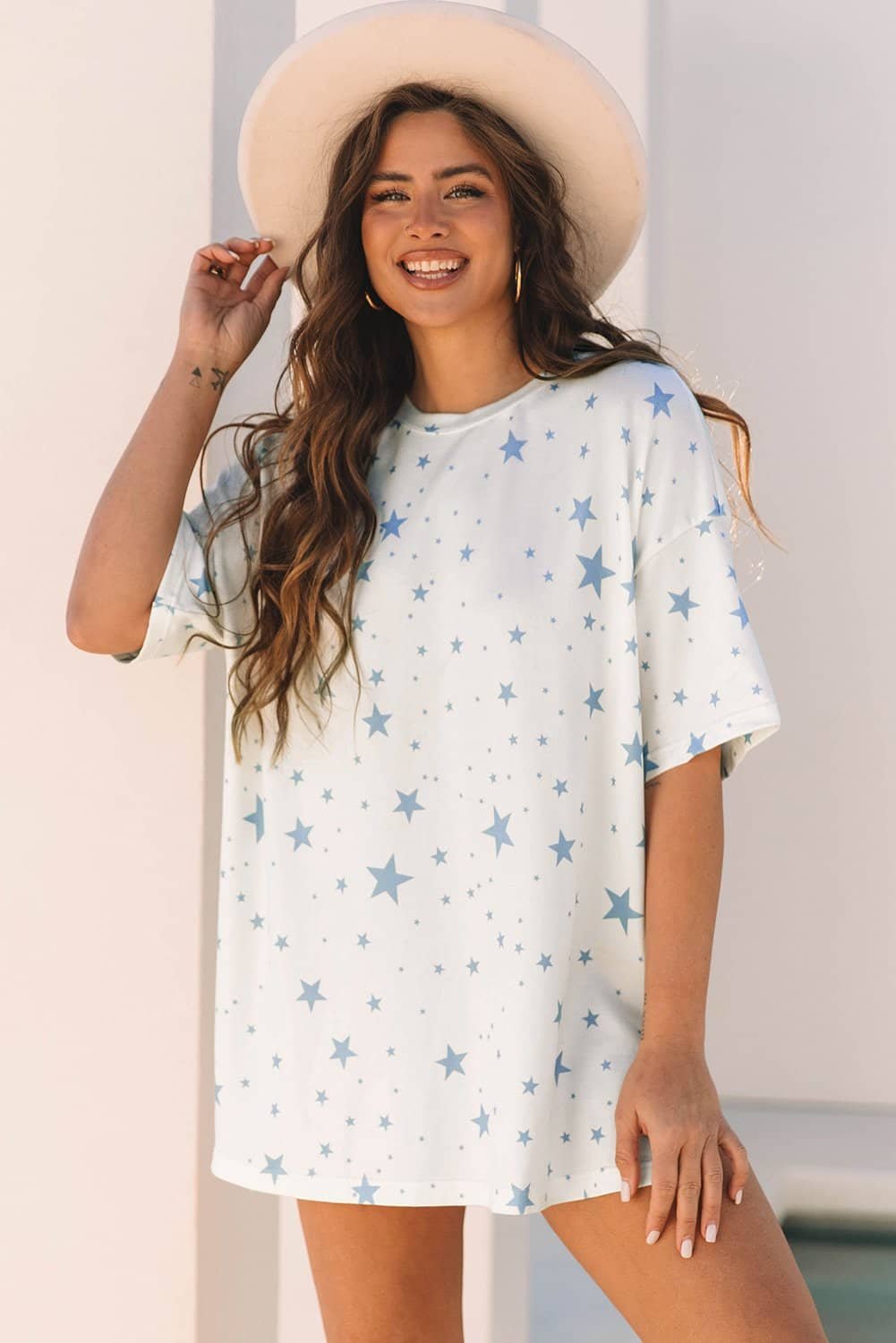 Sky Blue Stars Print Drop Shoulder Oversized T Shirt With Slits