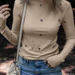 Jet Stream Floral Embroidered Detail Ribbed Long Sleeve Top