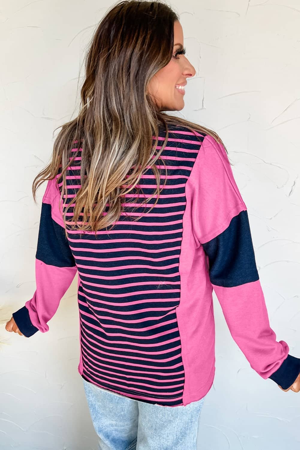 Pink Stripe Color Block V Neck Loose Fit Long Sleeve Top