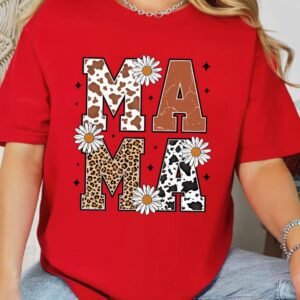 Red Western Animal Spots Mama Letter Daisy Flower Printed Tee