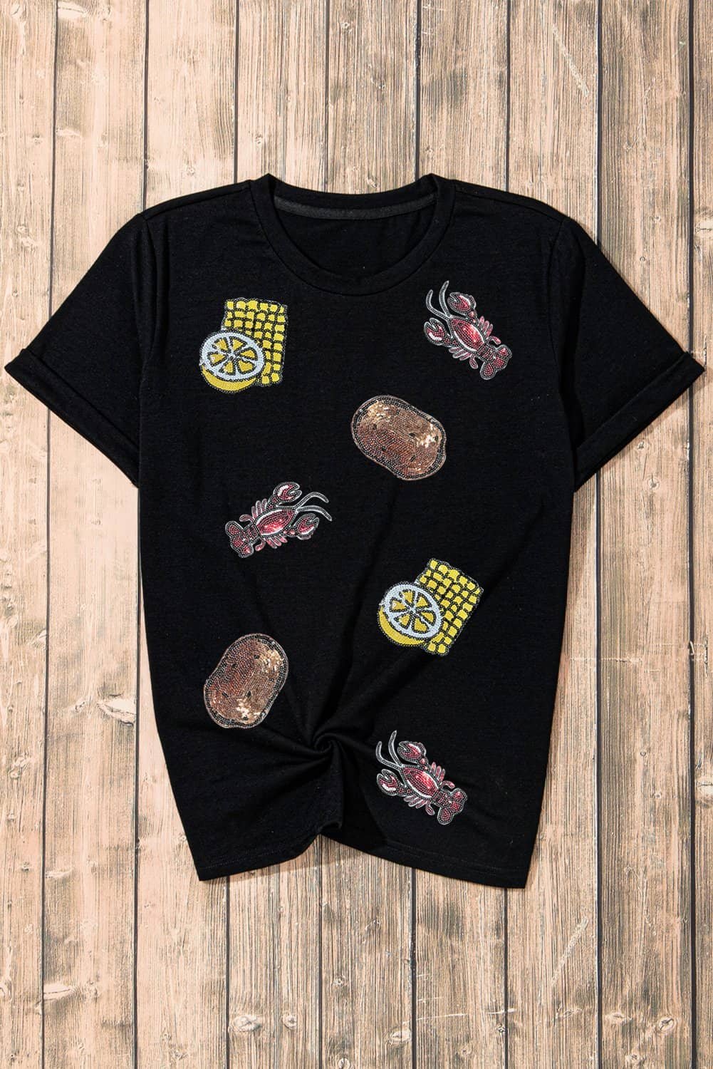 Black Sequin Crawfish Potato Lemon Corn Graphic Crewneck T Shirt