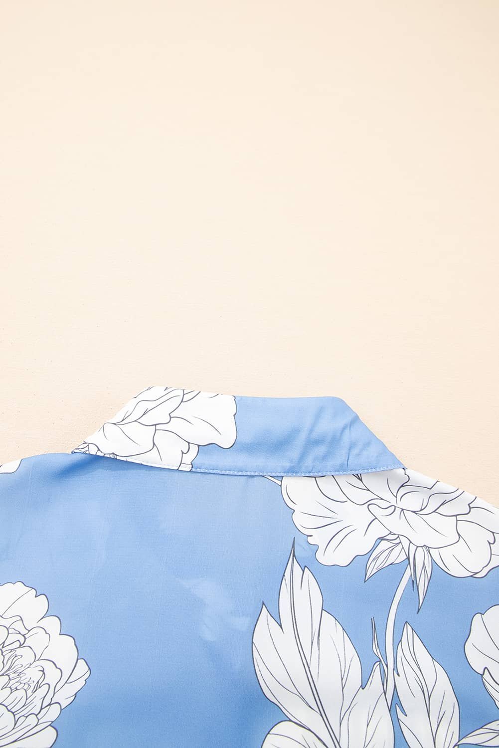 Sky Blue Floral Print Button Up Pleated Detail Puff Sleeve Shirt