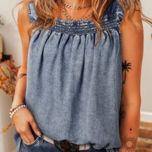 Ashleigh Blue Ruffled Shirred Neckline Sleeveless Denim Tank Top