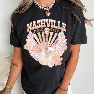 Black Nashville Music City Guitar Angel Wing Graphic Tee