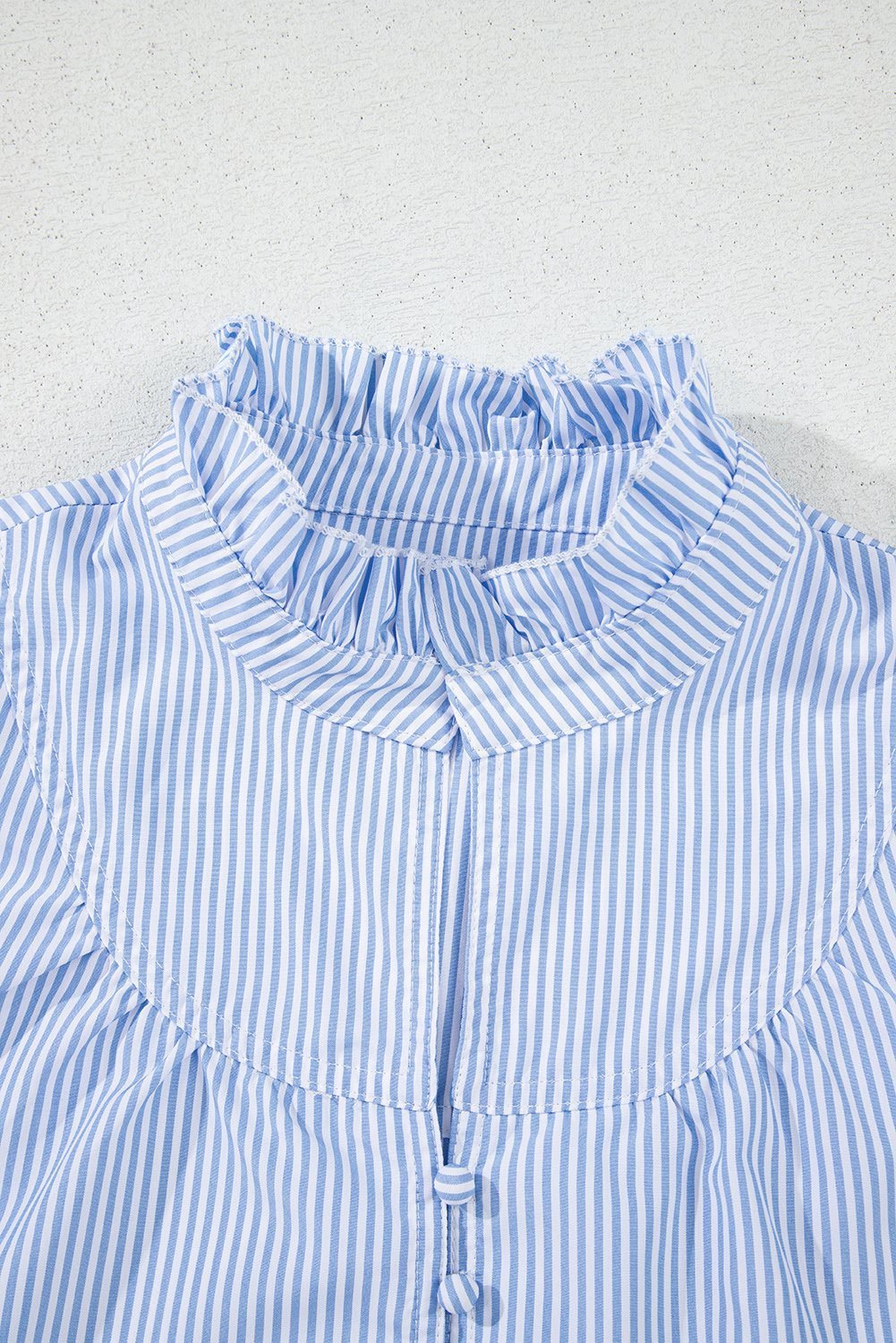 Sky Blue Stripe Ruffled Collar Puff Sleeve Half Buttons Blouse