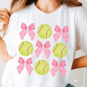 White Bow Tie Baseball Print Round Neck Casual Tee