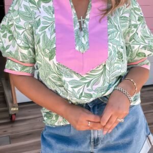 Green Leaves Pattern Color Block V Neck Puff Sleeve Blouse
