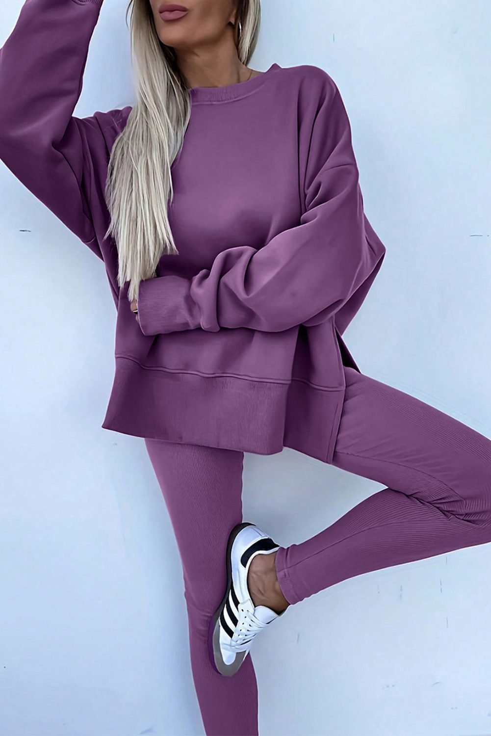 Orchid Mist Solid Color Oversize Slit Sweatshirt Ribbed Leggings 2Pcs Set