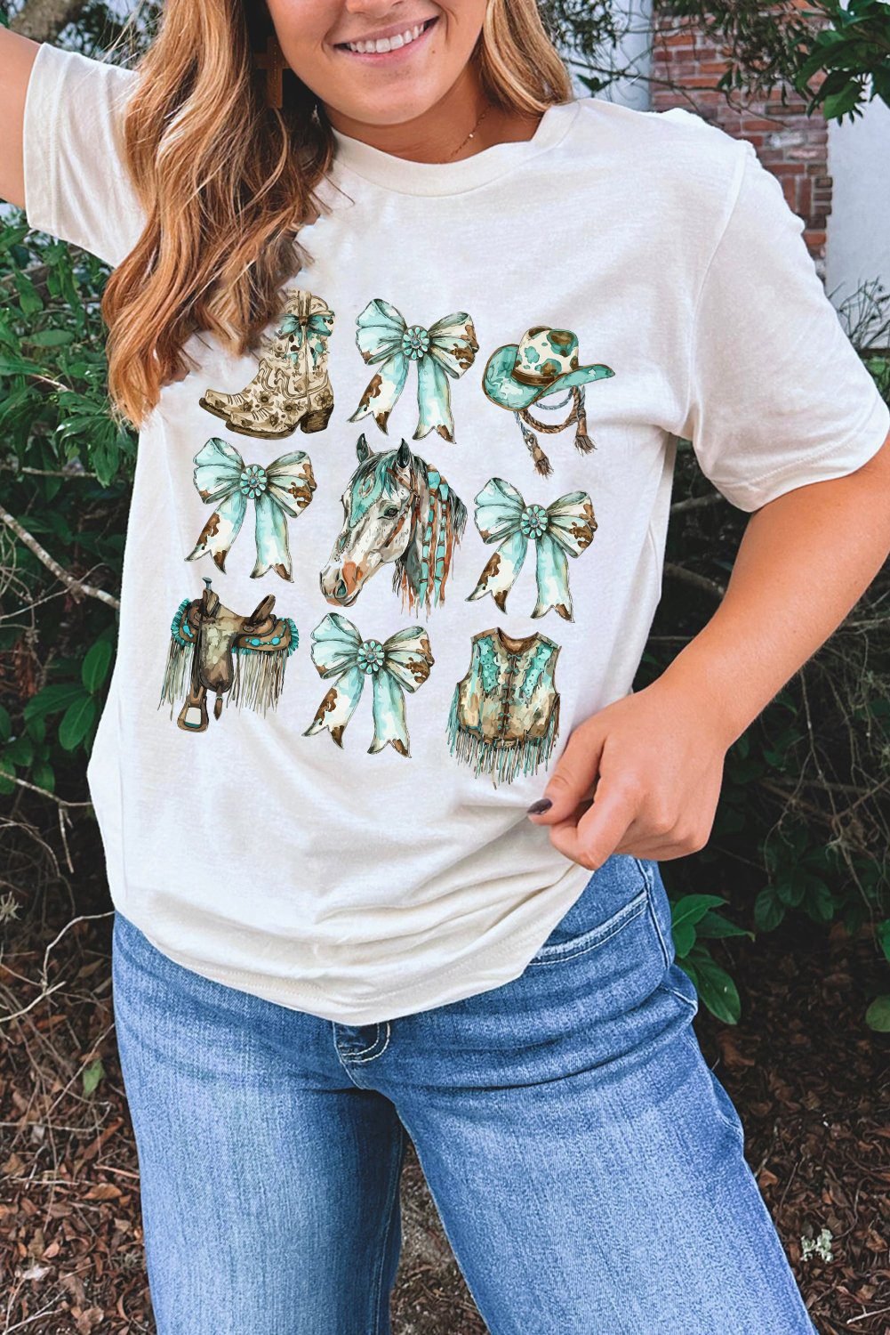 White Horse Bowknot Cowgirl Fashion Print Crewneck Tee