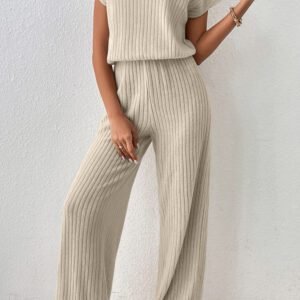 Oatmeal Ribbed Keyhole Short Sleeve Wide Leg Jumpsuit