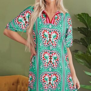 Mint Green Geometric Butterfly Print Split Neck Short Sleeve Dress