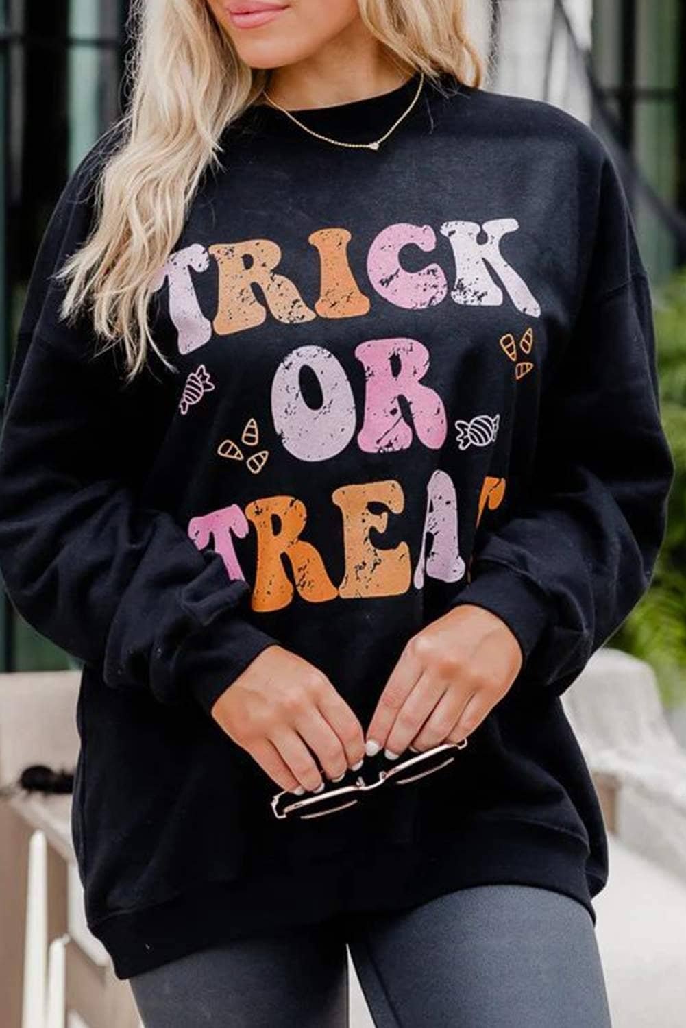 Black Trick Or Treat Graphic Crewneck Halloween Sweatshirt