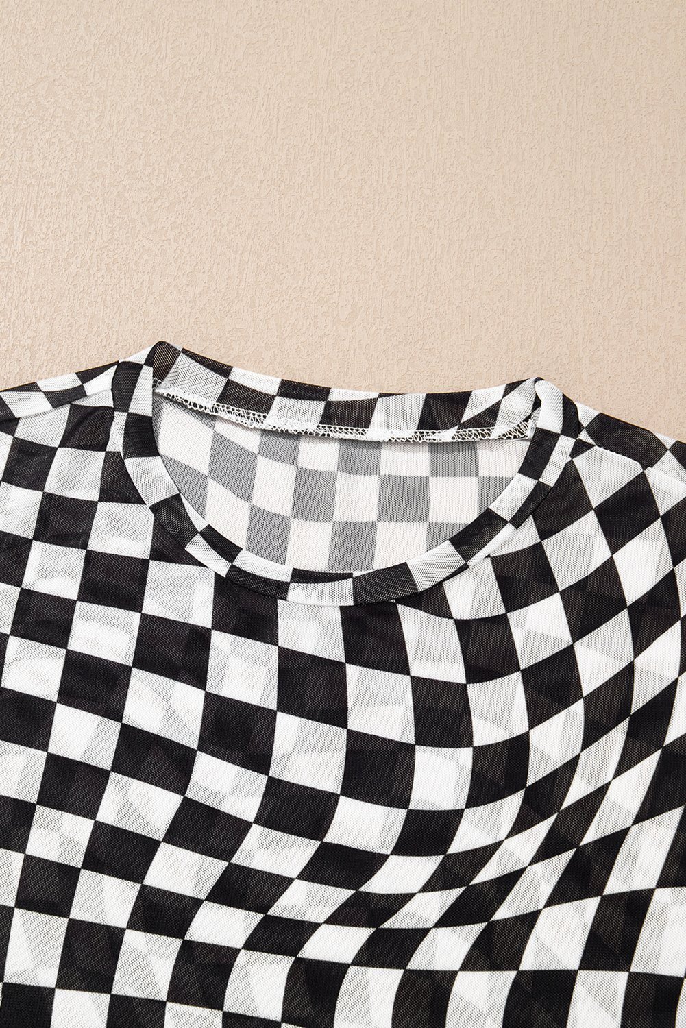 Black Checker Mesh Crew Neck T Shirt