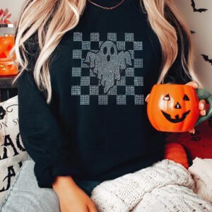 Black Rhinestone Checkered Halloween Ghost Drop Shoulder Sweatshirt