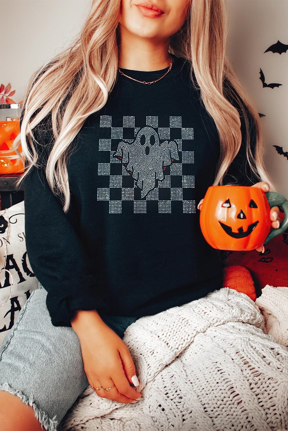 Black Rhinestone Checkered Halloween Ghost Drop Shoulder Sweatshirt