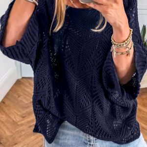 Navy Blue Hollow Out Knit 7/8 Sleeve Casual Sweater