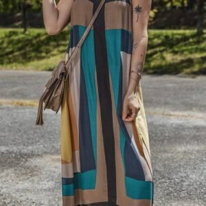 Brown Retro Geometric Printed Y Back Sleeveless Dress