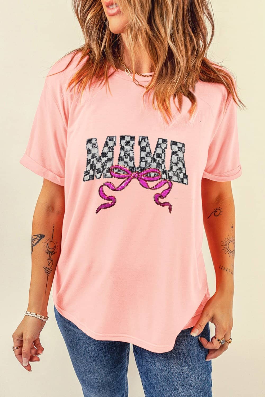 Pink Sequin Checkered Mama Bow Graphic T Shirt