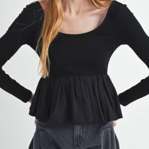 Black Ribbed Knit Long Sleeve Scoop Neck Peplum Patchwork Top
