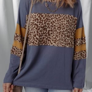 Dark Blue Leopard Colorblock Patchwork Long Sleeve Drop Shoulder Top