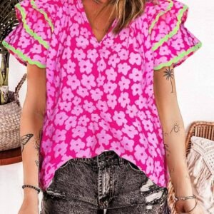 Pink Floral Contrast Ric Rac Layered Ruffle Sleeve Blouse