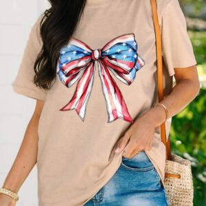 Khaki American Flag Bow Knot Print Round Neck T Shirt
