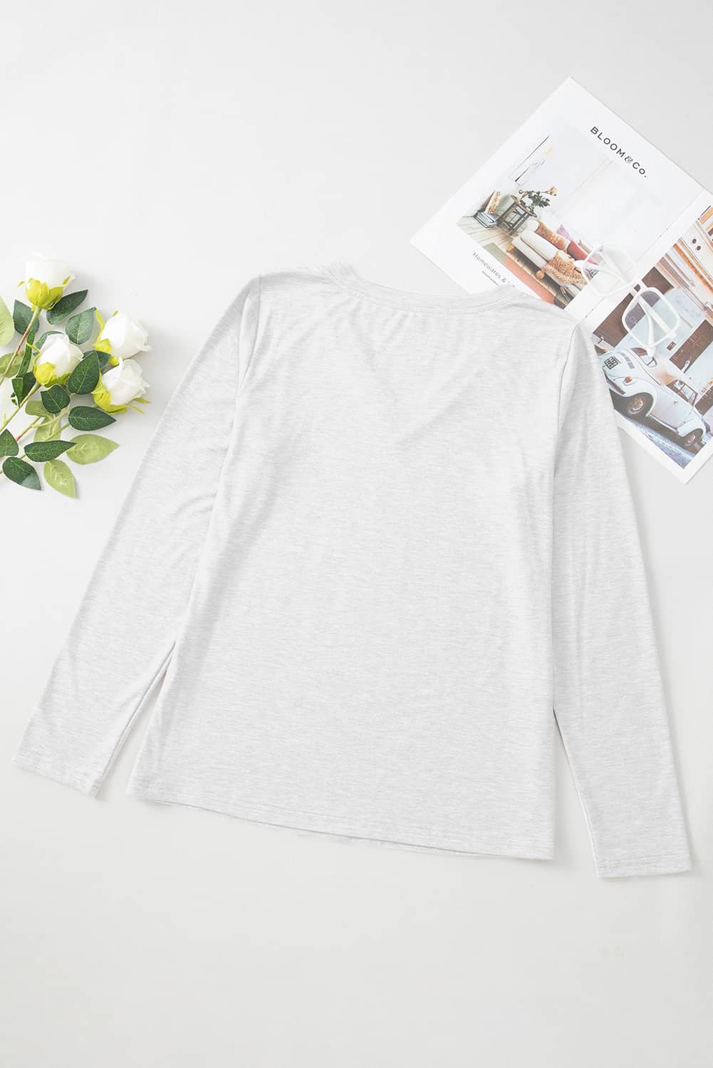 White Solid Color V Neck Long Sleeve Stretchy Top