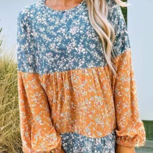 Orange Floral Color Block Ruffled Hem Round Neck Blouse