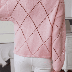 Light Pink Hollowed Rhombus Pattern Sequin Detail Round Neck Sweater