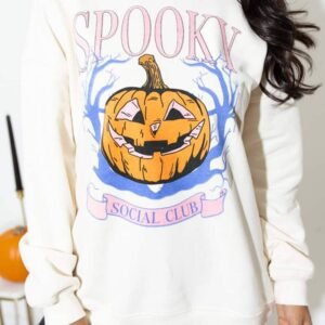 Beige Spooky Social Club Halloween Pumpkin Face Graphic Sweatshirt