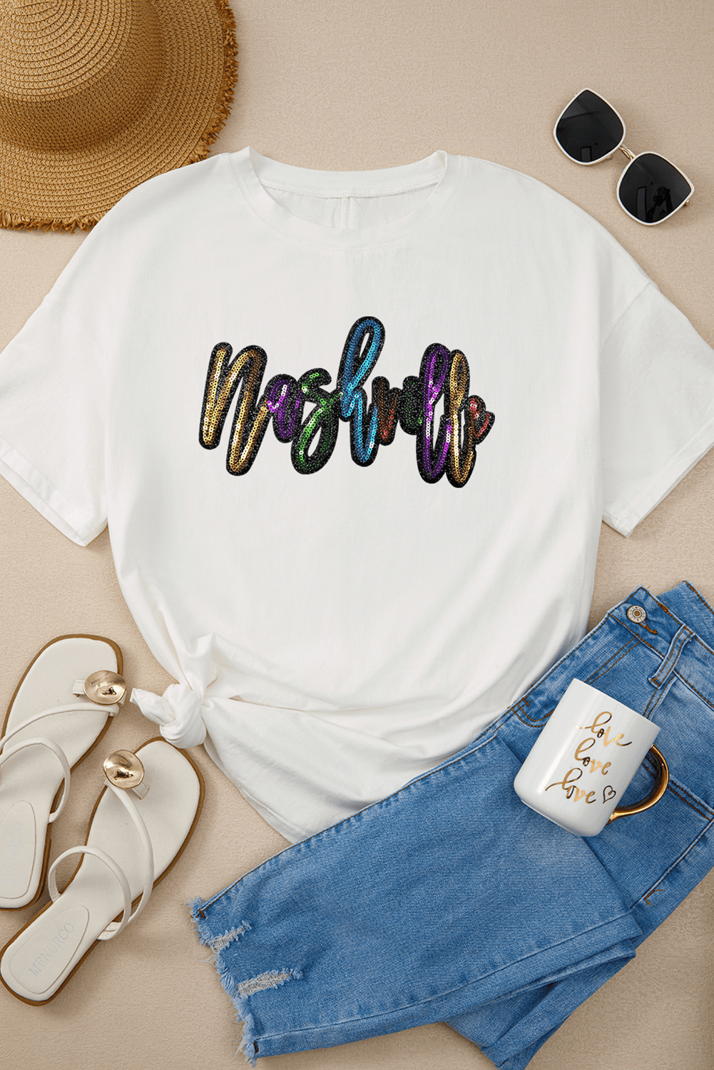 White Colorful Sequin Nashville Letter Graphic Tunic Tee