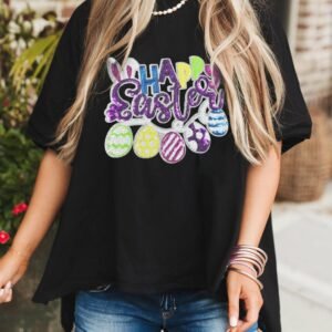 Black Happy Easter Sequin Graphic Dropped Shoulder T Shirt