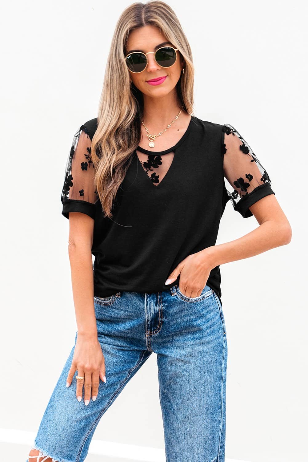 Black Flora Lace Patchwork Crew Neck T Shirt