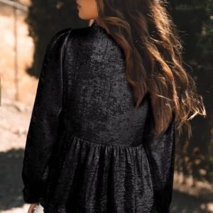 Black Metallic Frilled V Neck Puff Sleeve Babydoll Blouse