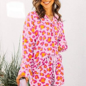 Pink Leopard Print Long Sleeve Shirt And Shorts Pajama Set