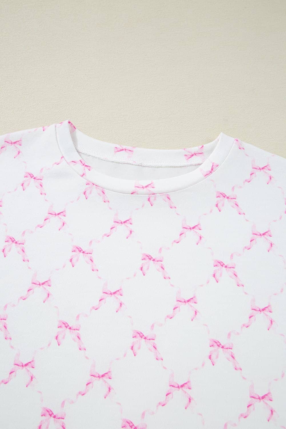 Pink Bow Knot Geometric Print Lettuce Trim Two Piece Lounge Set