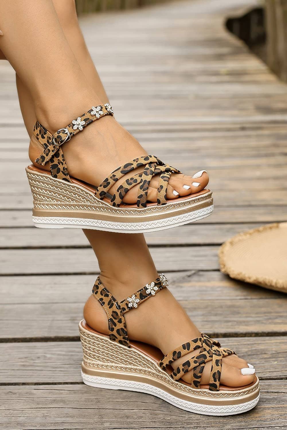 Chestnut Rhinestone Flower Decor Leopard Strappy Wedge Sandals